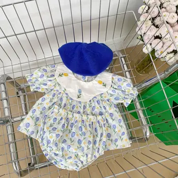 Корейские комплекты одежды для девочек Тюльпан Вышитая кукла Рубашка Топы с короткими рукавами + Шорты Две части Малыш Девочка Летний костюм