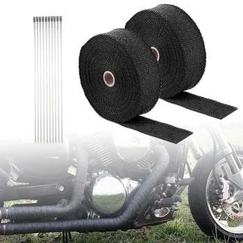5 м x 2,5 см Черный рулон тепловой пленки выхлопных газов для мотоцикла Стекловолоконная теплозащитная лента с нержавеющими стяжками - 2 шт.