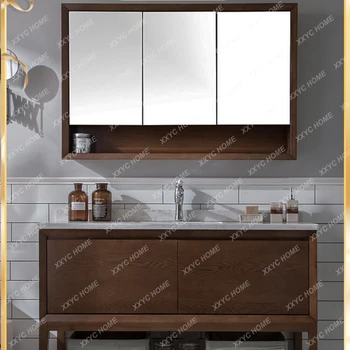 скандинавский шкаф для ванной комнаты из массива дерева Комбинация американского умывальника Стол для ванной комнаты Пол Современная минималистичная ванная комнатаШкаф