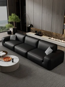 Индивидуальный черный итальянский минималистичный кожаный диван из блока тофу верхний этаж из воловьей кожи большая черная корова прямой ряд гостиная на четыре