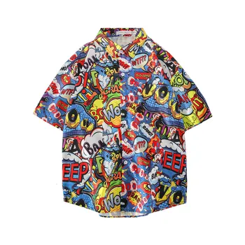 Мужская рубашка на пуговицах с мультяшным принтом Летние новые гавайские пляжные рубашки Мужская свободная рубашка с коротким рукавом с цветочным принтом Camisa Hawaiana Hombre