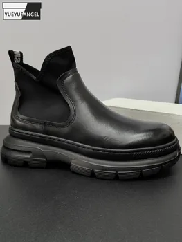 Новый весенний слипон из натуральной кожи челси сапоги мужчины пэчворк повседневные высокие ботинки с круглым носком платформа черный короткие ботинки мужской