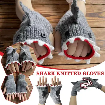 Herbst/Зима 2023 Neue Cartoon Blau Grau Shark Beißen Finger Halbe Handschuhe Hand Handschuhe Stricken Warme Z8B4