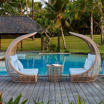 Диван из бамбука и ротанга Скандинавский двор, бассейн, пляжная кровать, шезлонг на открытом воздухе, чайный стол, комбинация