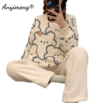 Фланелевый бархат Повседневная женская пижама Зимняя тепловая домашняя одежда Пушистый плюшевый пижамный комплект Корейская девушка Пижама с длинными рукавами Домашняя одежда