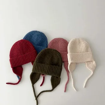 2023 Осенние детские шапки-бини Детская шапка для защиты ушей Шерстяная шапка Вязаная шапка для мальчиков Теплая шапка для девочек Детская шапка-пуловер