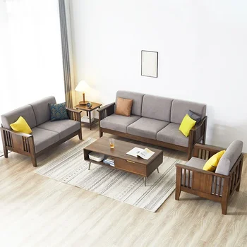 Диван из цельного дерева для трех человек, скандинавский простой современный одноместный и двухместный тканевый диван, мебель для гостиной