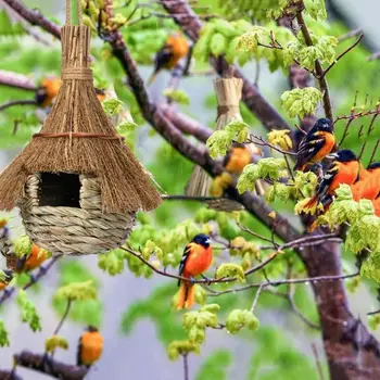 Висячий птичий домик ручной работы из травы Птичья хижина Экологически чистые соломенные клетки для птиц Уютное птичье гнездо Укрытие от холодной погоды