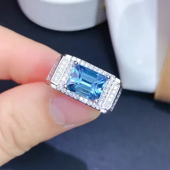 MeiBaPJ 7 мм * 9 мм Натуральное синее прямоугольное топазовое модное кольцо для мужчин Настоящее стерлинговое серебро 925 пробы Изысканные свадебные ювелирные изделия