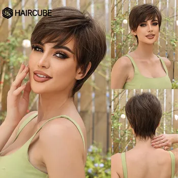 HAIRCUBE Коричневые синтетические волосы Короткий прямой парик с челкой для чернокожих женщин или мужчин Ежедневный косплей Термостойкое волокно