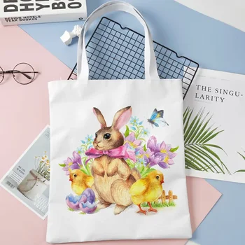 Женская сумка Пасхальные забавные сумки для яиц кролика Японская винтажная сумка через плечо большой емкости Мультяшная льняная тканевая сумка