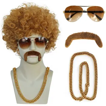 1 ожерелье + 1 очки + 1 шапочка для парика + 1 борода + синтетический короткий афро кудрявый черный коричневый 80-е 70-е диско рок мужской косплей парик на Хэллоуин