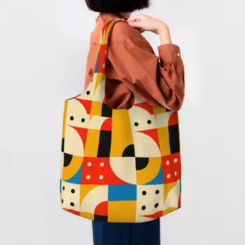 Bauhaus Color Block Геометрическая линия Современная холщовая сумка для покупок Женщины Моющаяся емкость Продукты Минималистичный Tote Shopper Сумки