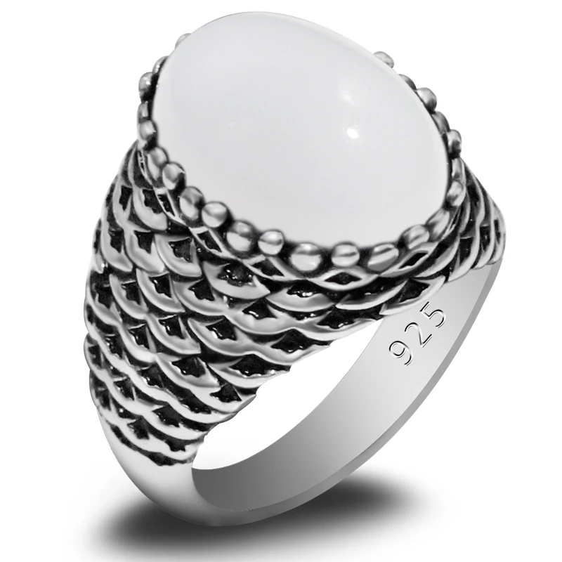 S925 Стерлинговое серебро Турция Ювелирное кольцо ручной работы для мужчин и женщин Натуральный белый агат Ретро Мода Панк Рок Роскошный подарок